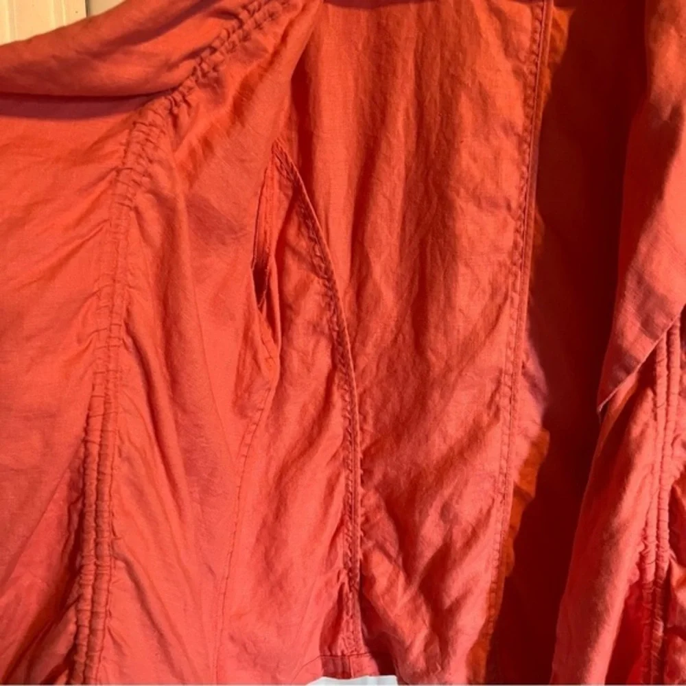 Chicos 100% Linen Ruched‎ Coral Pink Open Cardigan Size Large Casual Lightweight